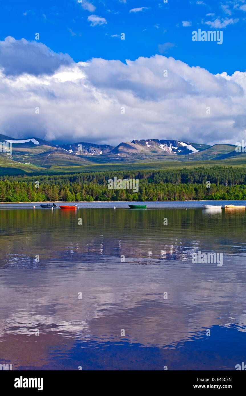 La Northern Corries e Glenmore forest visto sul Loch Morlich, barche ormeggiate, tranquilla serata estiva, vicino a Aviemore Scozia, Regno Unito Foto Stock