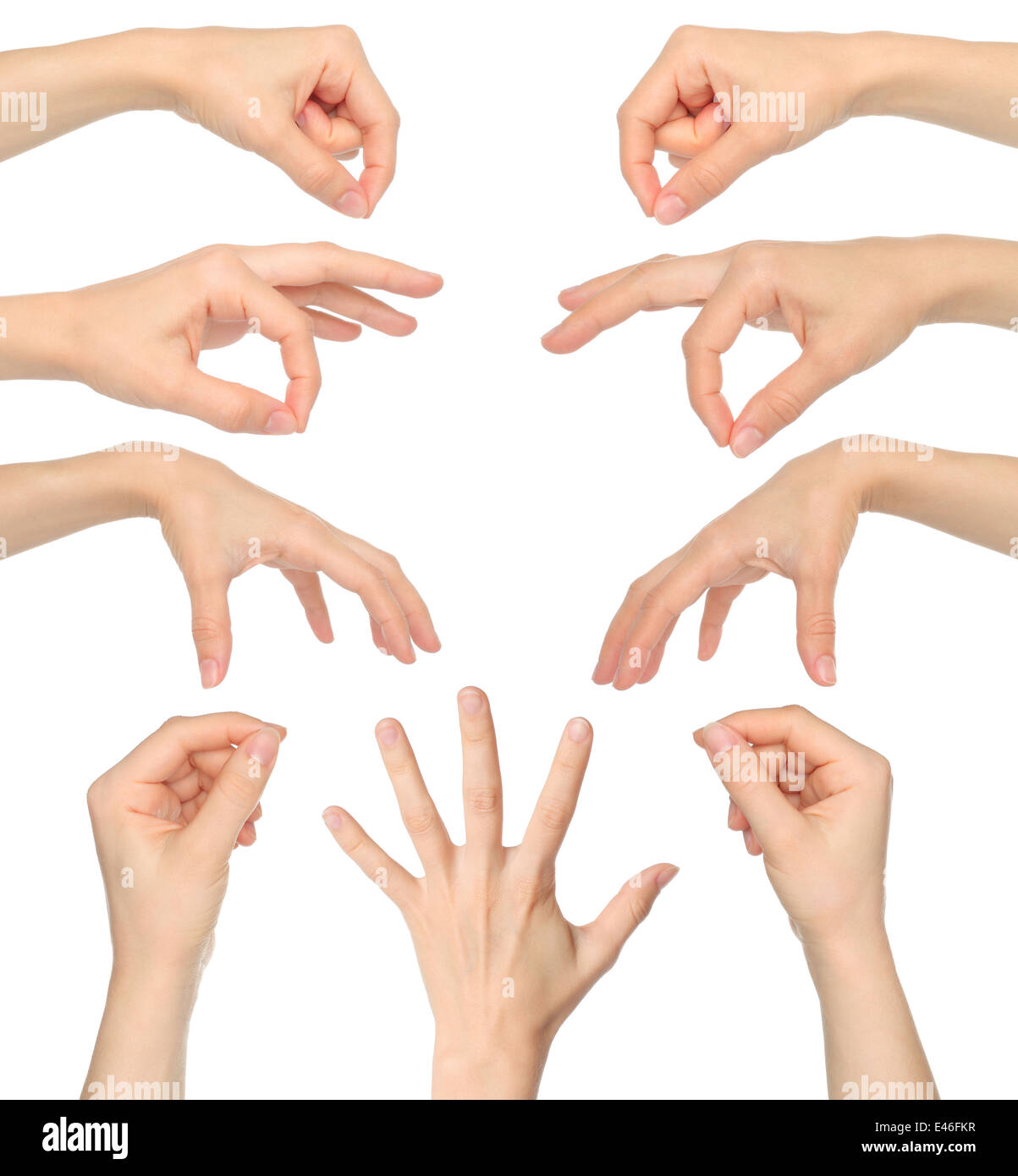 Collage di donna le mani su sfondo bianco Foto Stock