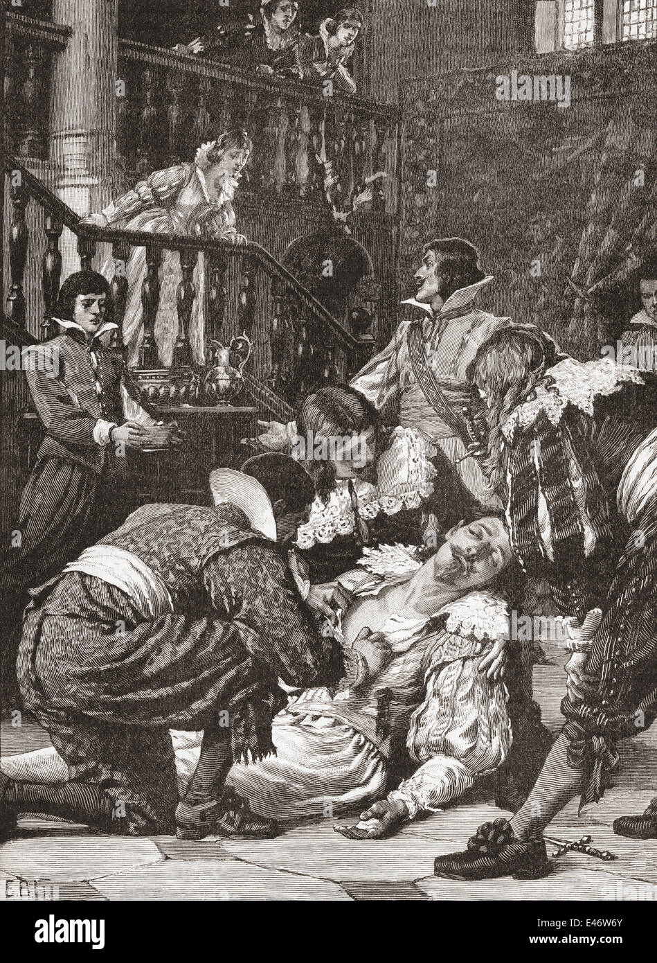 L'assassinio del duca di Buckingham, 23 agosto 1628, presso il pub Greyhound, Portsmouth, Inghilterra. Foto Stock