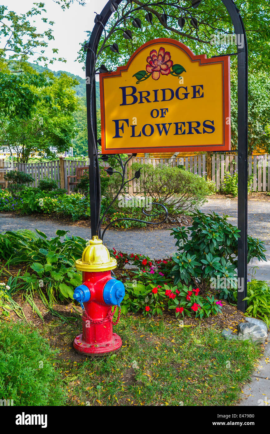 Ponte di fiori segno e un colorato idrante di fuoco Foto Stock