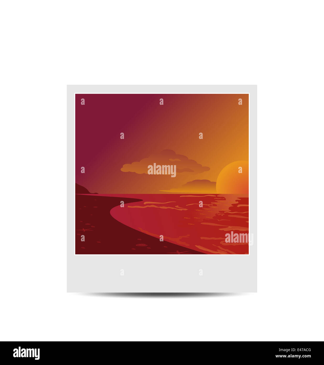 Illustrazione photoframe con il tramonto sullo sfondo di spiaggia Foto Stock