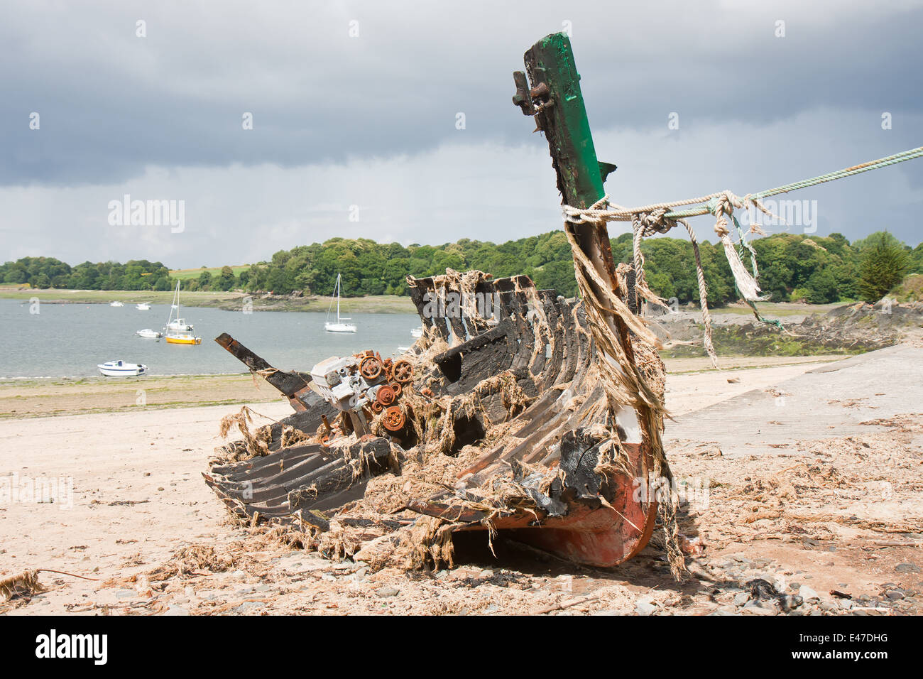 Naufragio bruciato coperto con seawead secco a costa di Bretagne, Francia Foto Stock