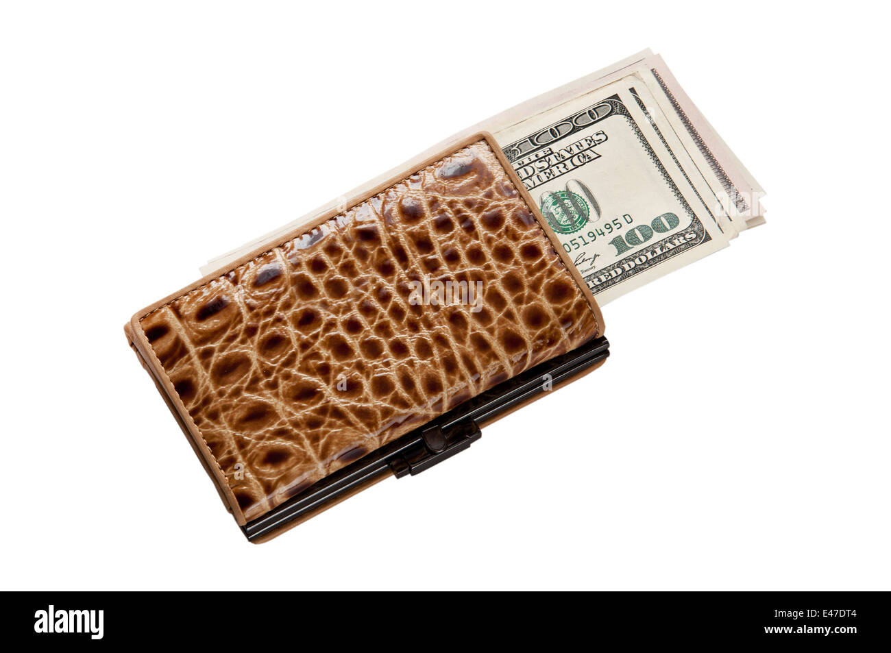 I soldi della carta moneta American finance femmina marrone cuoio luce sfondo nessuno note molto piccolo portafoglio Wallet Foto Stock