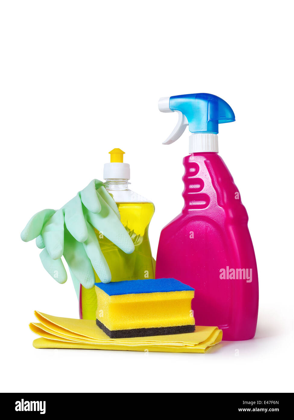 Detergente liquido per i piatti, spugna, guanti e stoffa su sfondo bianco Foto Stock