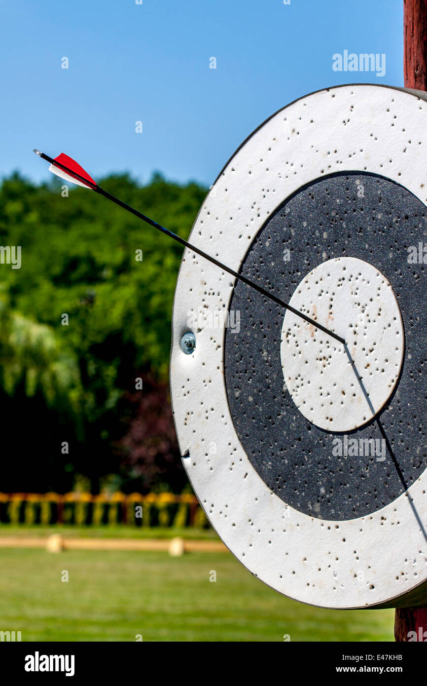 Freccia obiettivo hit anello nel bersaglio tiro con l'arco Foto Stock