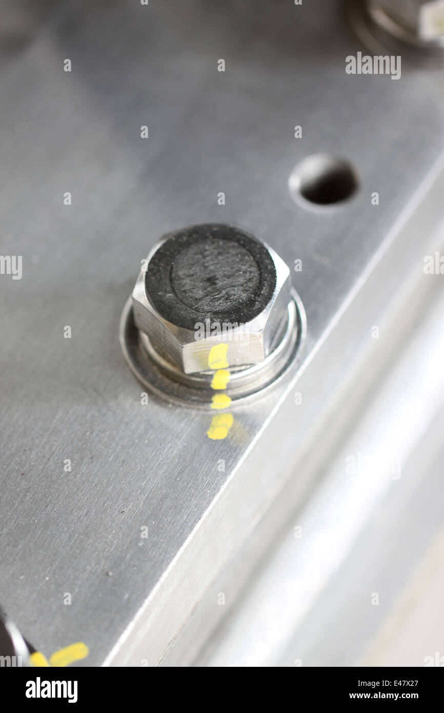 Il marchio del simbolo sul dado di testa di acciaio inossidabile per il controllo di sicurezza. Foto Stock