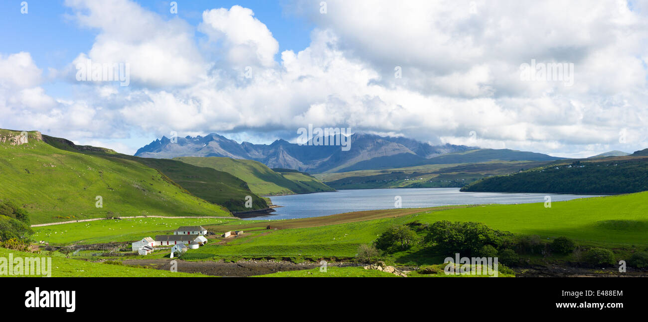 Cuillin mountain range - Cuillins - croft farm, pecore e Loch Harport sull isola di Skye nelle Highlands e nelle isole della Scozia Foto Stock