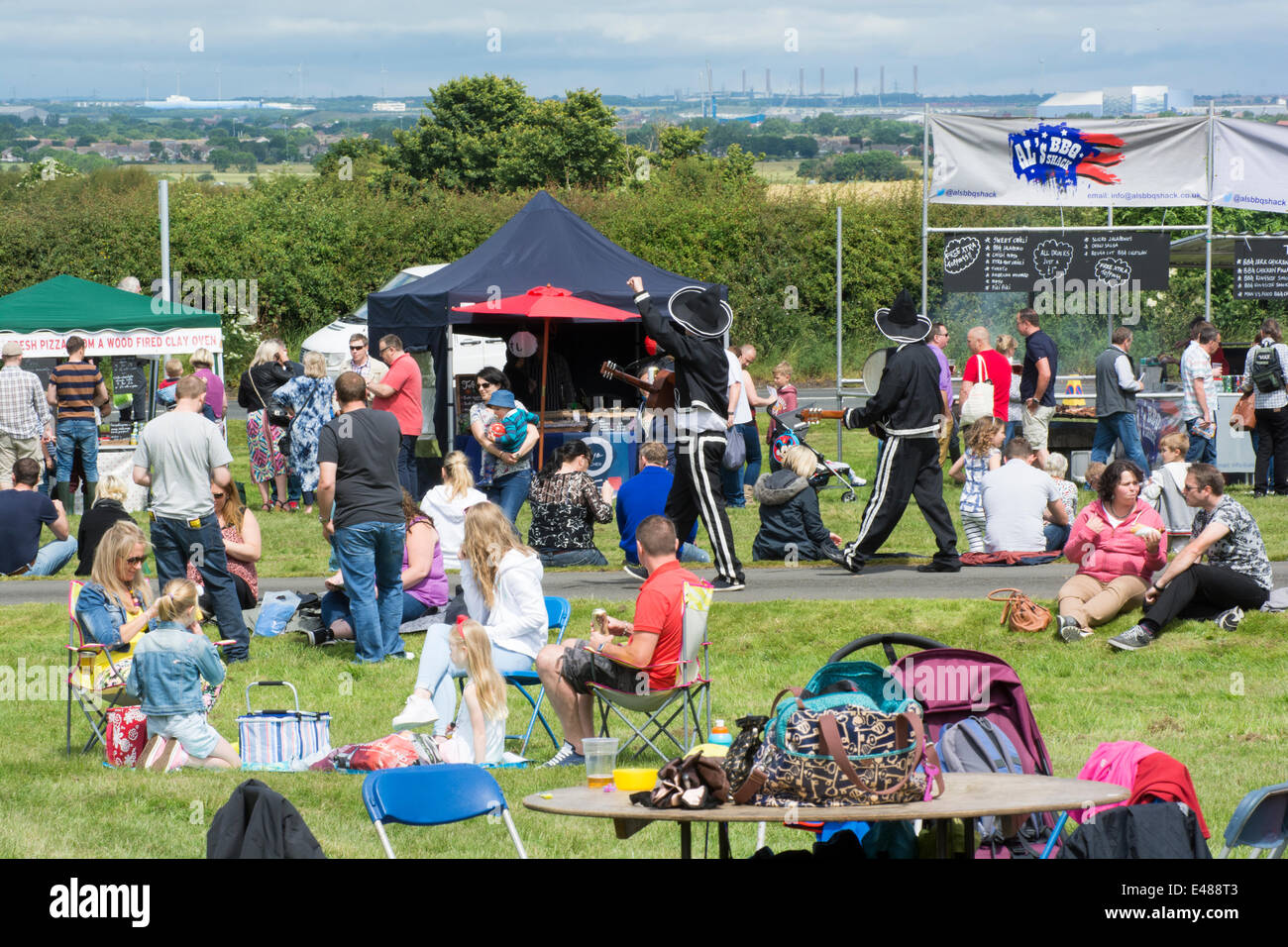 Il sole è uscito sulla folla nel pomeriggio seduti sul prato terza edizione a nord-est di peperoncino Fest, Seaton Delaval Hall Sabato 5 Luglio 2014 Foto Stock