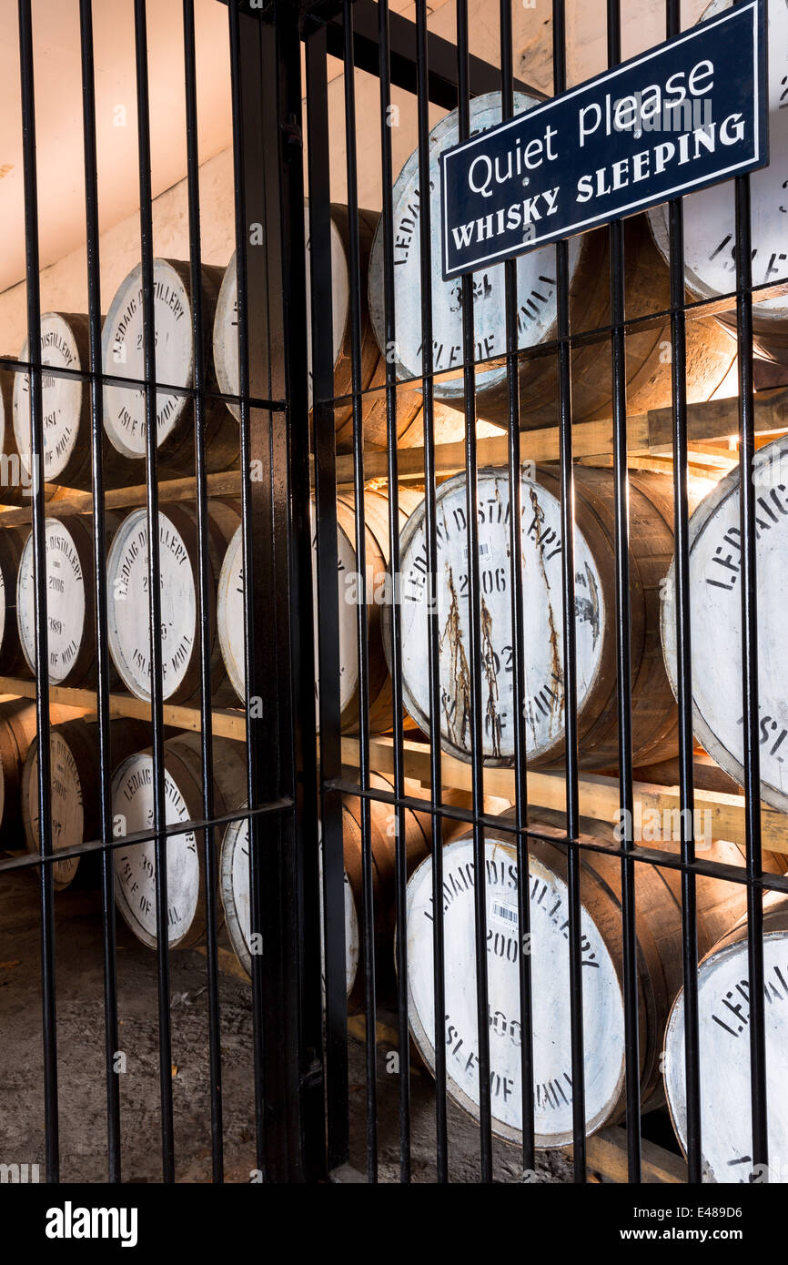 Single Malt Whisky Ledaig maturazione in botti di legno di rovere in un magazzino doganale Tobermory Distillery, Isle of Mull, Highlands della Scozia Foto Stock