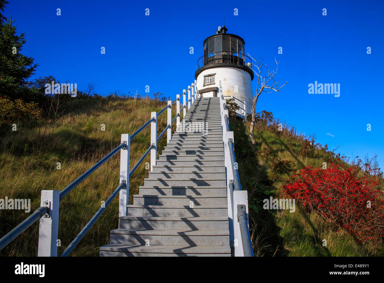 Una scalinata che conduce al gufo di Capo Faro che sorge all'entrata di Rockland Harbor, Maine, Stati Uniti d'America Foto Stock