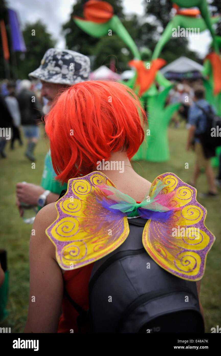Grande Tew, Oxfordshire. Il 5 luglio 2014. Cornbury Music Festival. Giovane donna che indossa una parrucca rosso e ali di farfalla a Cornbury Music Festival, Oxforshire. Foto Stock