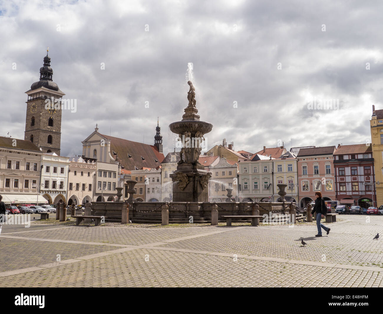 Benvenuti in Repubblica ceca - Cesky Budejovice piazza principale: namesti Premysla Otakara II e Sansone Fontana foto di Sean Sprague Foto Stock