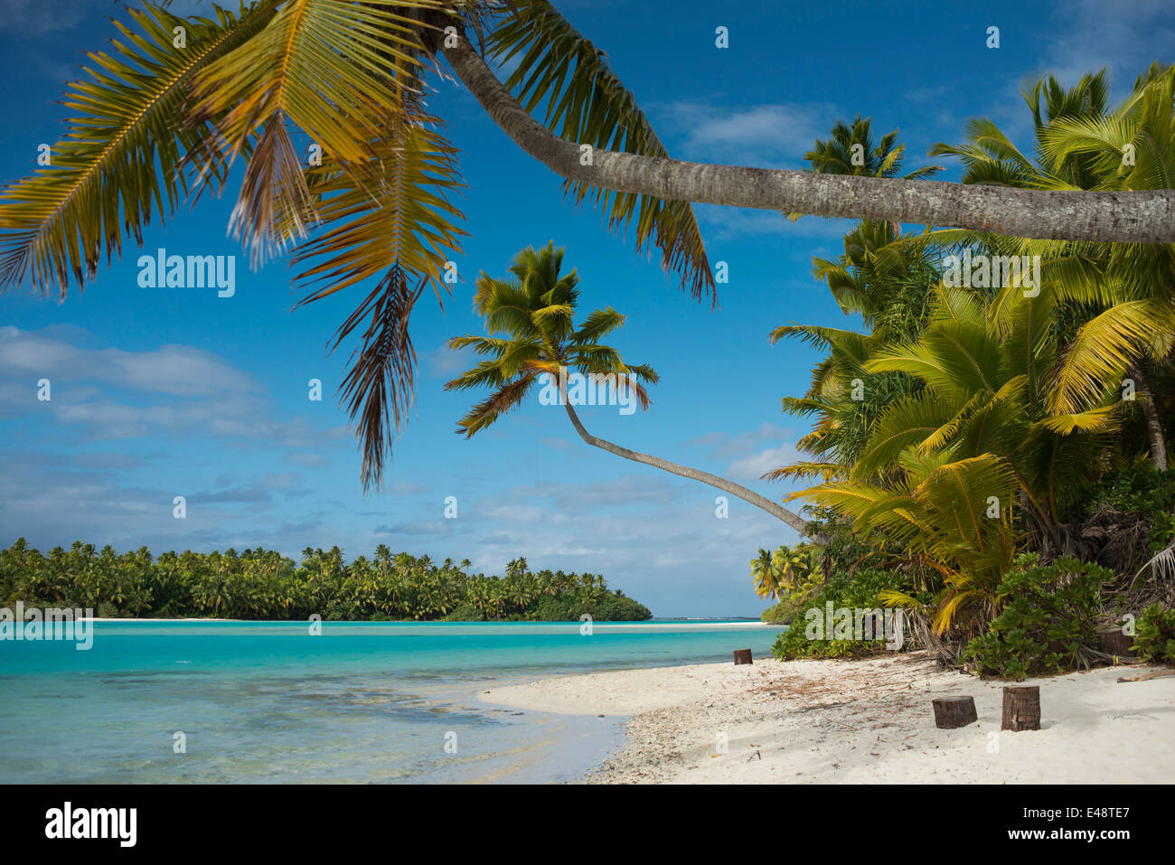 Aitutaki. Isole Cook. Polinesia. Oceano Pacifico del sud. Spiaggia in un piede isola. Un piede isola è asmall isola in distric Foto Stock