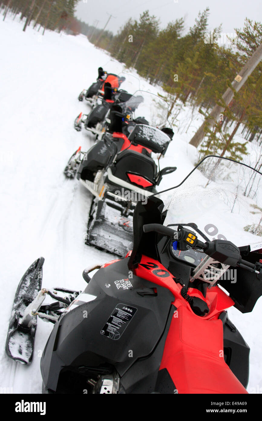 Motoslitte nei boschi vicino a Rovaniemi in Lapponia, Finlandia Foto Stock