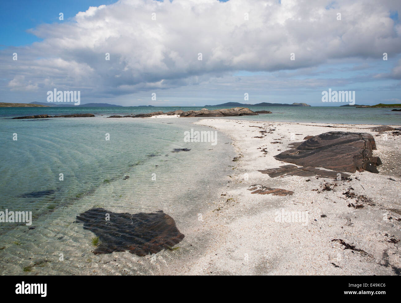 Cockleshell sabbiosa spiaggia di Traigh Mhor, Isle of Barra, Ebridi Esterne, Scozia Foto Stock