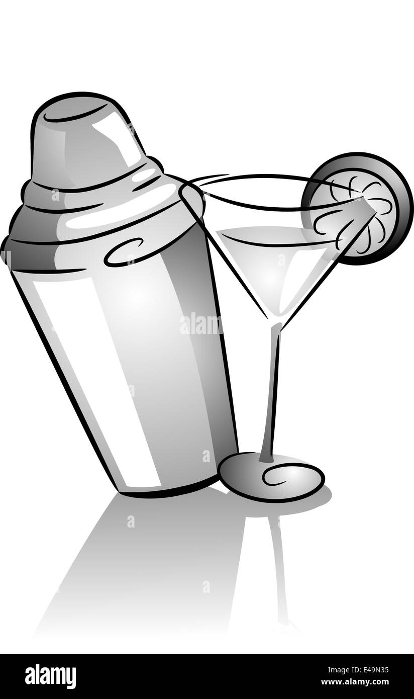 Icona illustrazione dotato di uno shaker e un bicchiere da cocktail  disegnato in bianco e nero Foto stock - Alamy