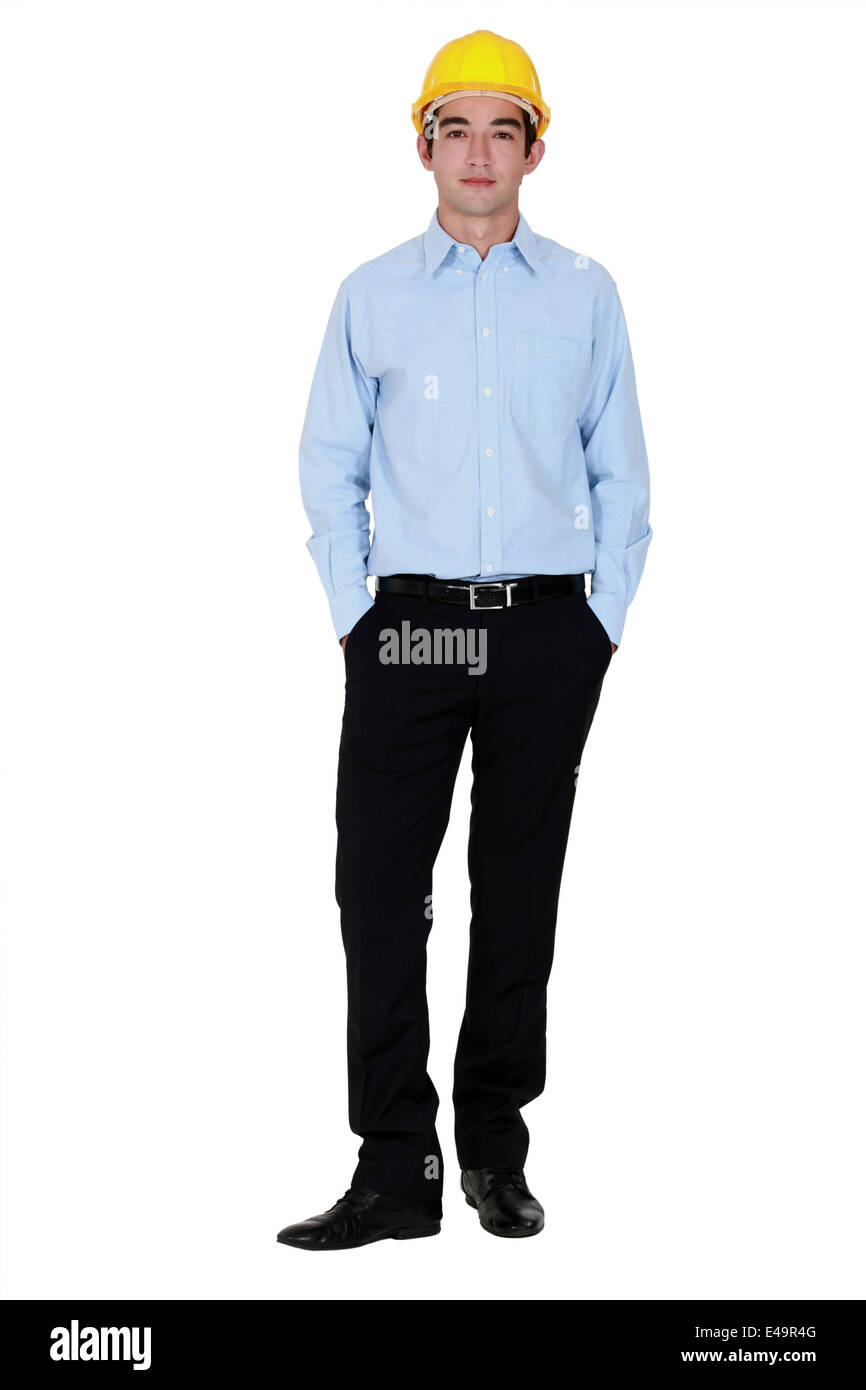 Giovane imprenditore che indossa un casco Foto Stock