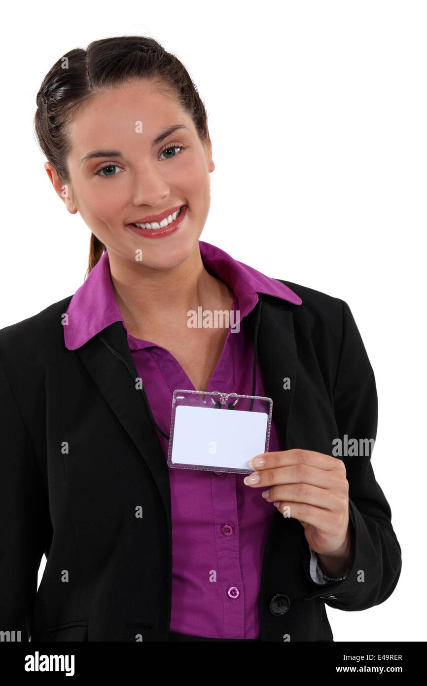 Donna visualizzazione badge visitatore Foto Stock Donna visualizzazione badge visitatore Foto Stock
