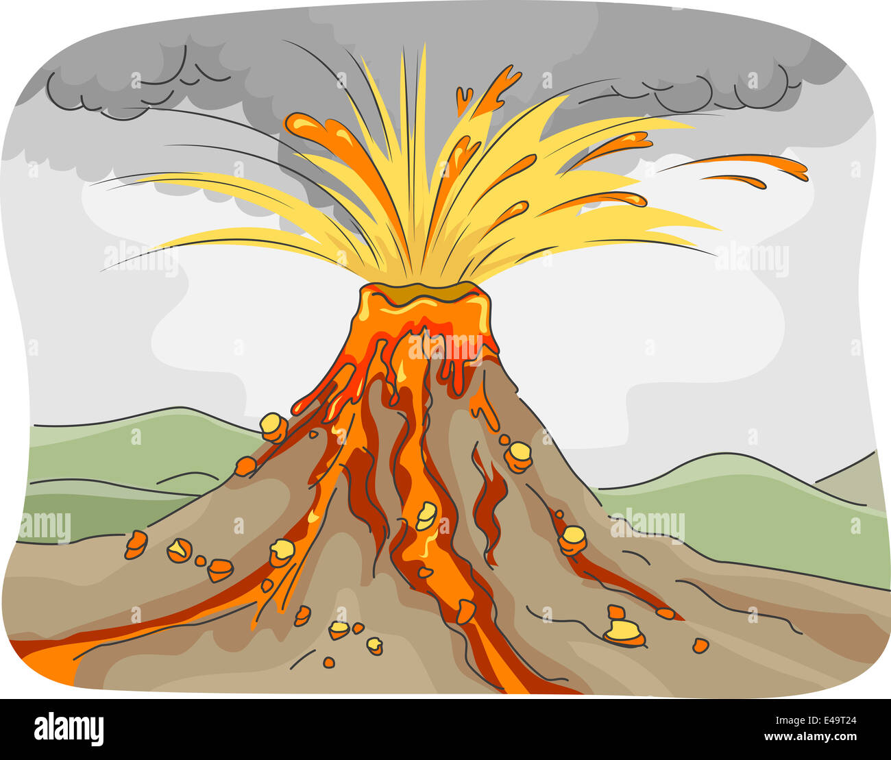 Illustrazione Dotato Di Un Vulcano Che Erutta Lava Produca Ceneri E Illustrazione Dotato Di Un Vulcano Che Erutta Lava Produca Ceneri E