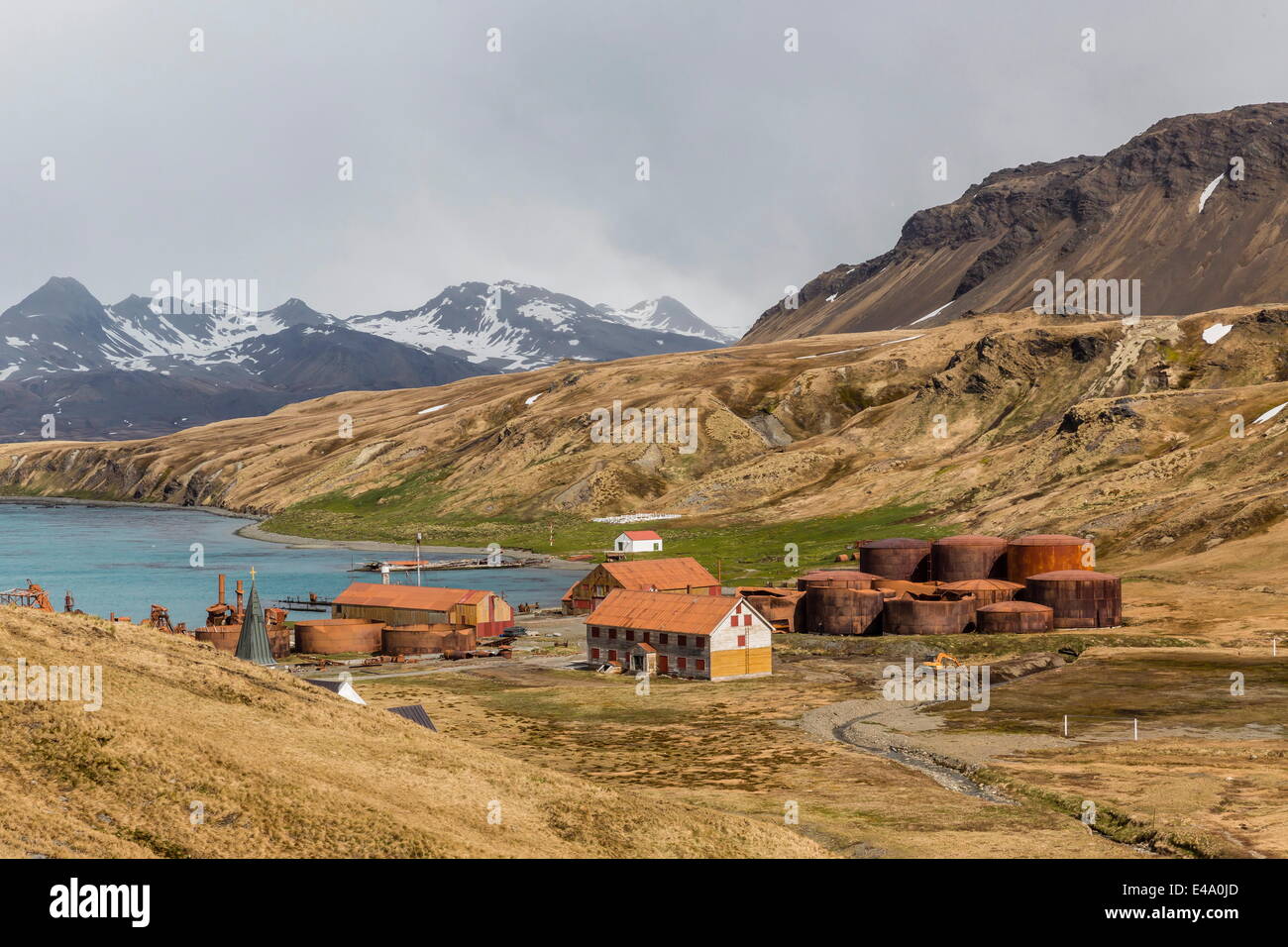 La abbandonata e di recente restaurata stazione baleniera a Grytviken, Georgia del Sud, UK Overseas protettorato, regioni polari Foto Stock