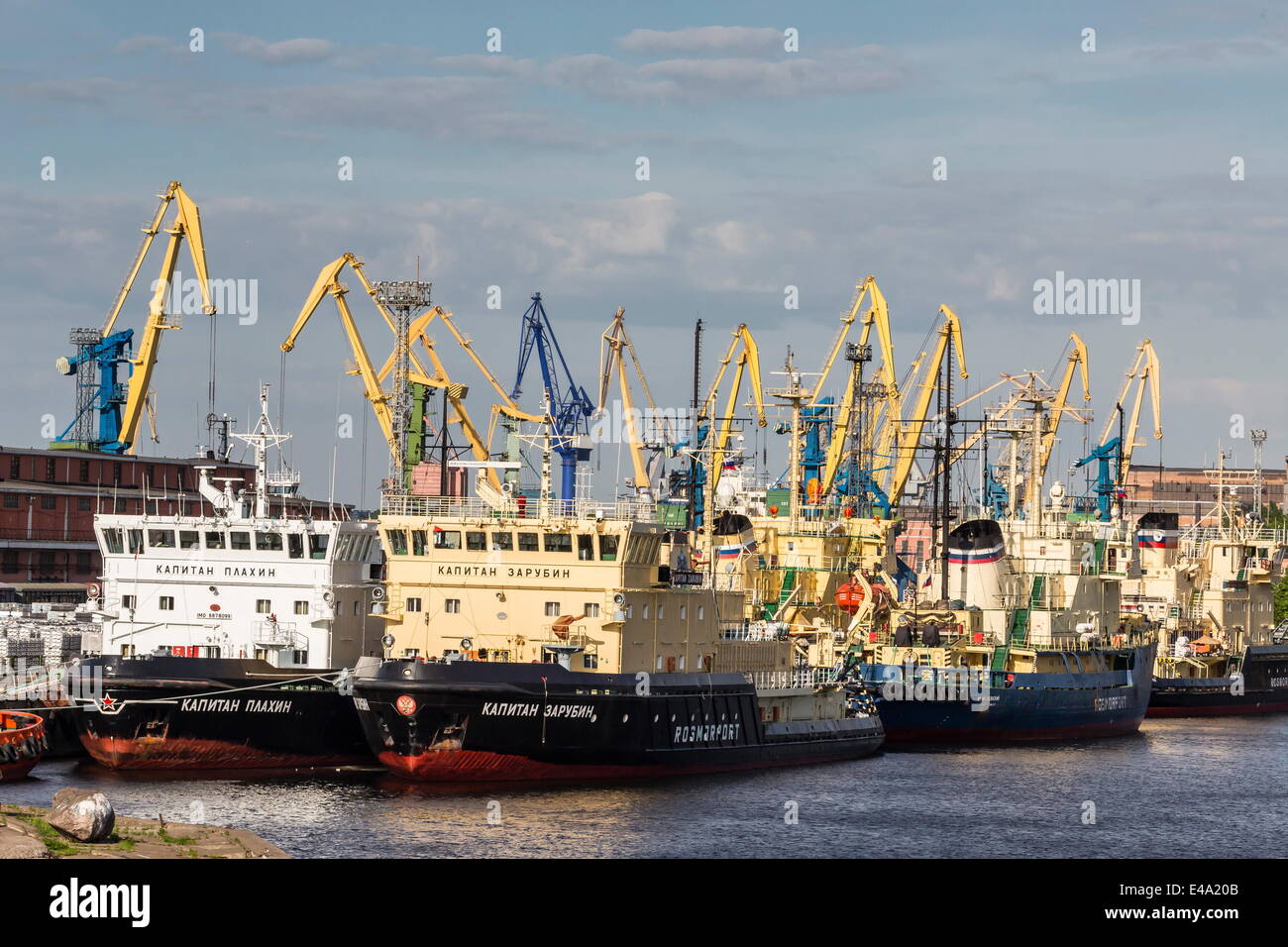 I cantieri navali di occupato nel porto marittimo di San Pietroburgo, sul fiume Neva, Russia, Europa Foto Stock