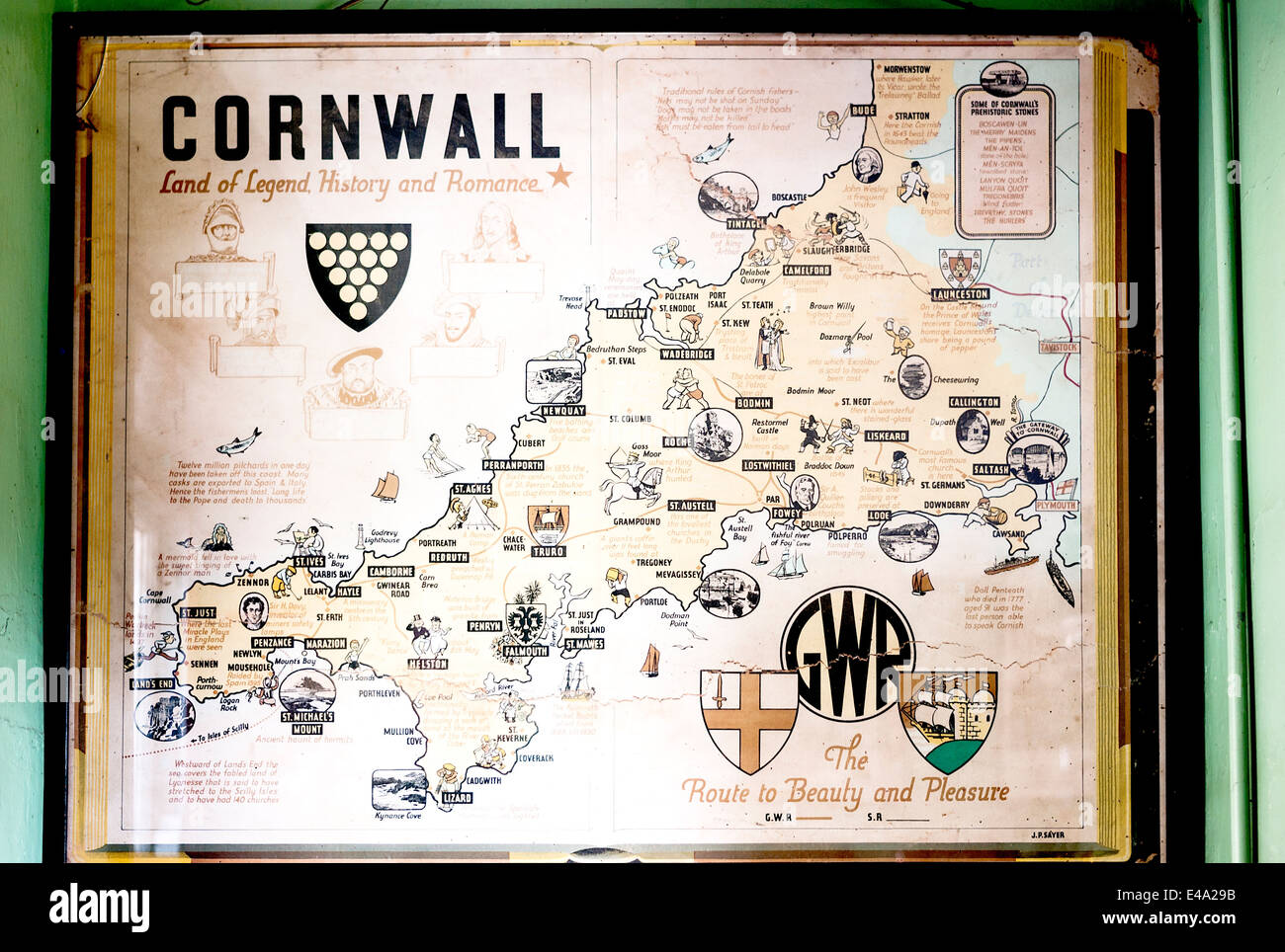 Mappa storica della Cornovaglia mostra attrazioni per turisti ferroviaria alla contea Foto Stock