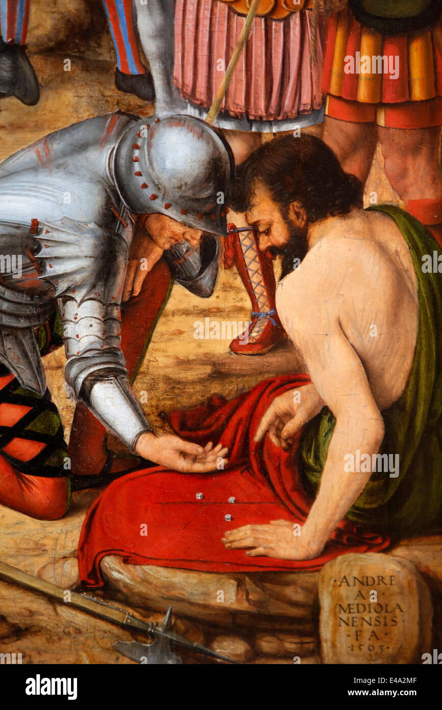 La Crocifissione di Andrea di Bartolo, di due soldati romani il gioco d'azzardo il Cristo tunica dal lancio di dadi, Parigi, Francia Foto Stock