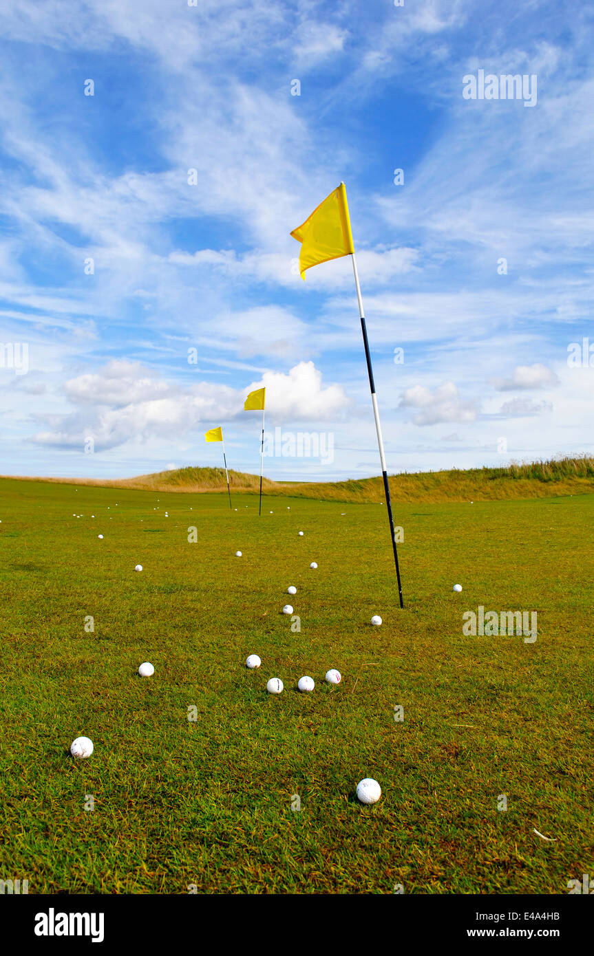 Regno Unito, Scozia, altopiani, bandiere gialle sul campo da golf Foto Stock