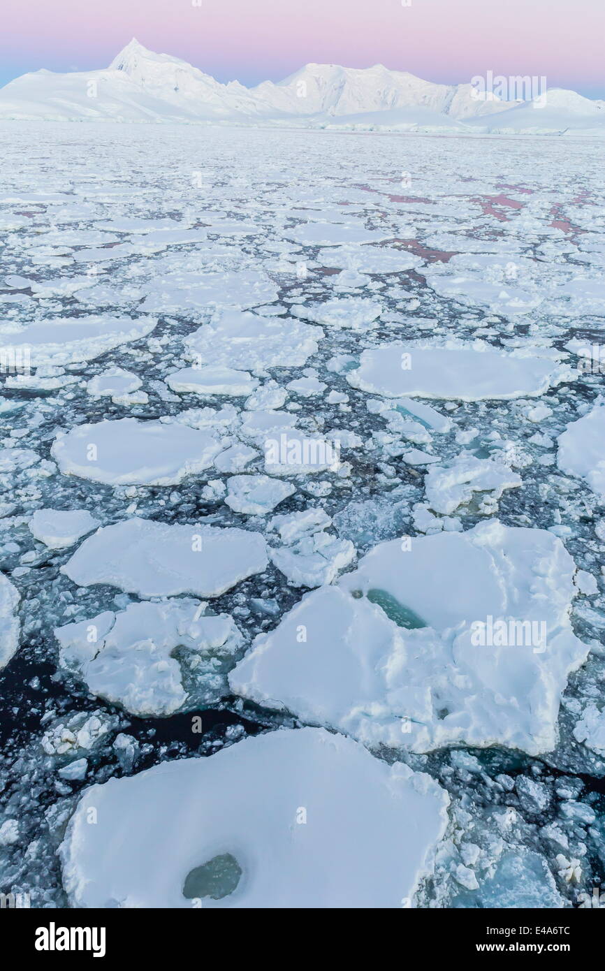 In transito attraverso il canale di Lemaire pesante nel primo anno il mare di ghiaccio in Antartide, regioni polari Foto Stock