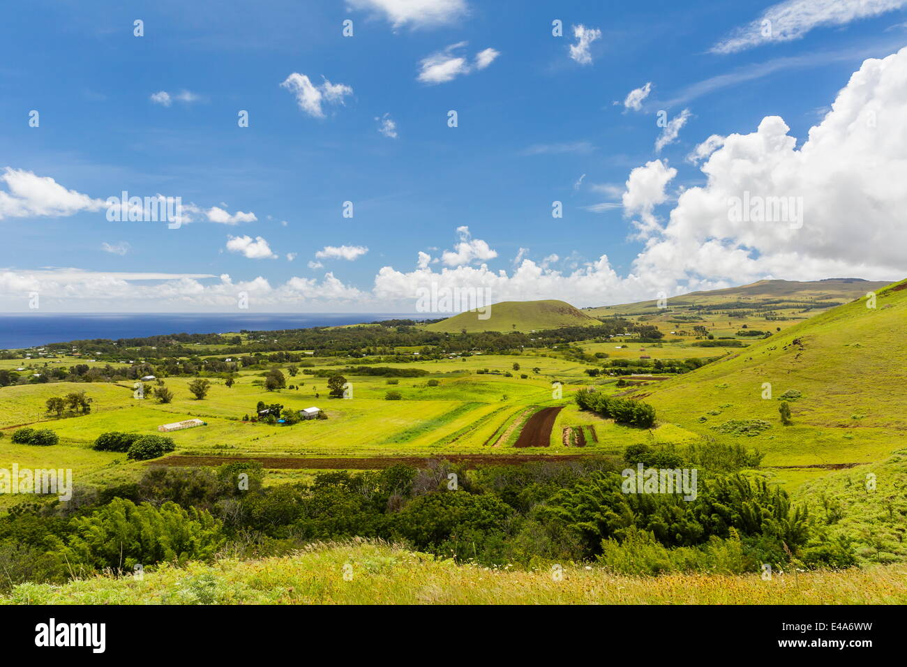 Una vista della periferia di Hanga Roa, Parco Nazionale di Rapa Nui, UNESCO, Isola di Pasqua (Isla de Pascua), Cile Foto Stock