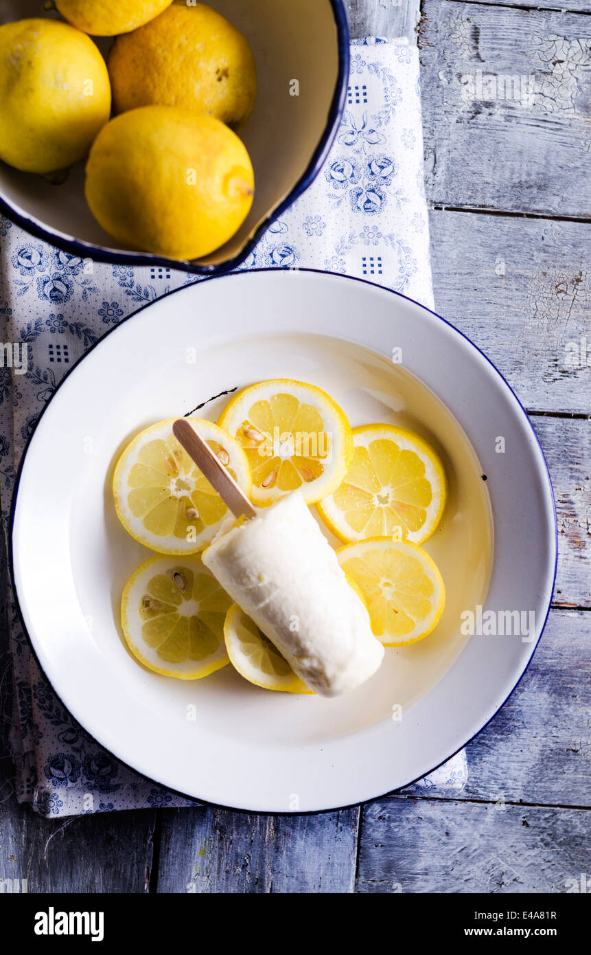 Ciotola di limoni e piastra di fatti in casa a base di crema di limone per lecca-lecca di ghiaccio su fette di limone, vista in elevazione Foto Stock