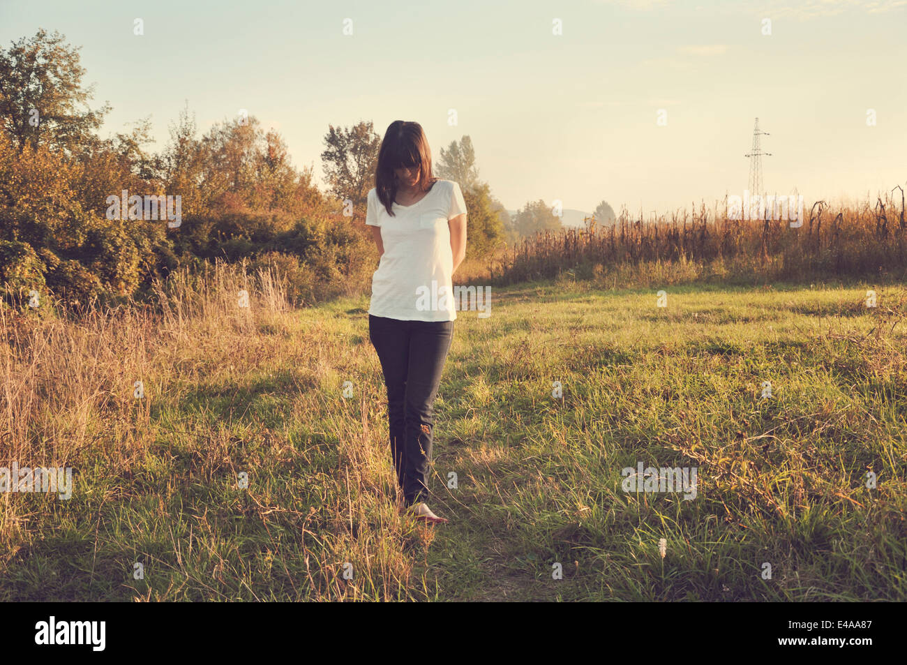 Metà donna adulta in piedi in campo Foto Stock