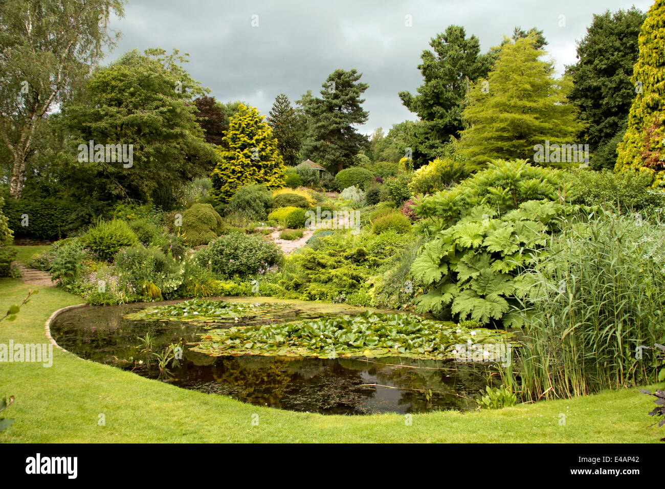 Riflettente tranquilla piscina e giardini paesaggistici a Dorothy Clive gardens Foto Stock