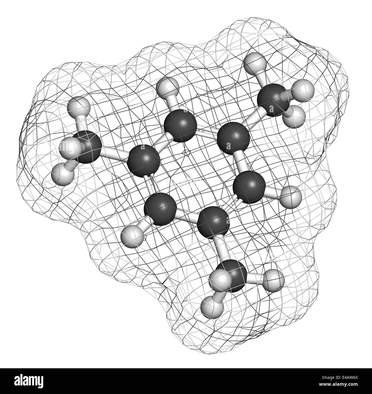 Il mesitilene idrocarburo aromatico molecola. Solvente importante nell industria chimica e un composto organico volatile (VOC) inquinante. Foto Stock