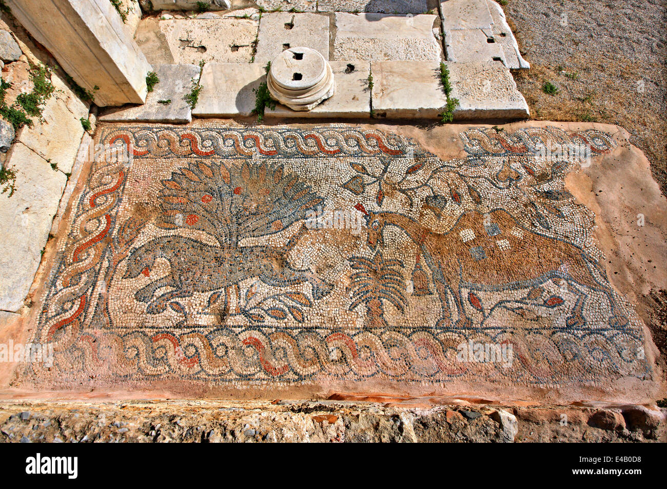 Mosaici presso la Basilica paleocristiana di Gesù Cristo di Gerusalemme, Kalymnos island, Dodecaneso, Mar Egeo, Grecia. Foto Stock
