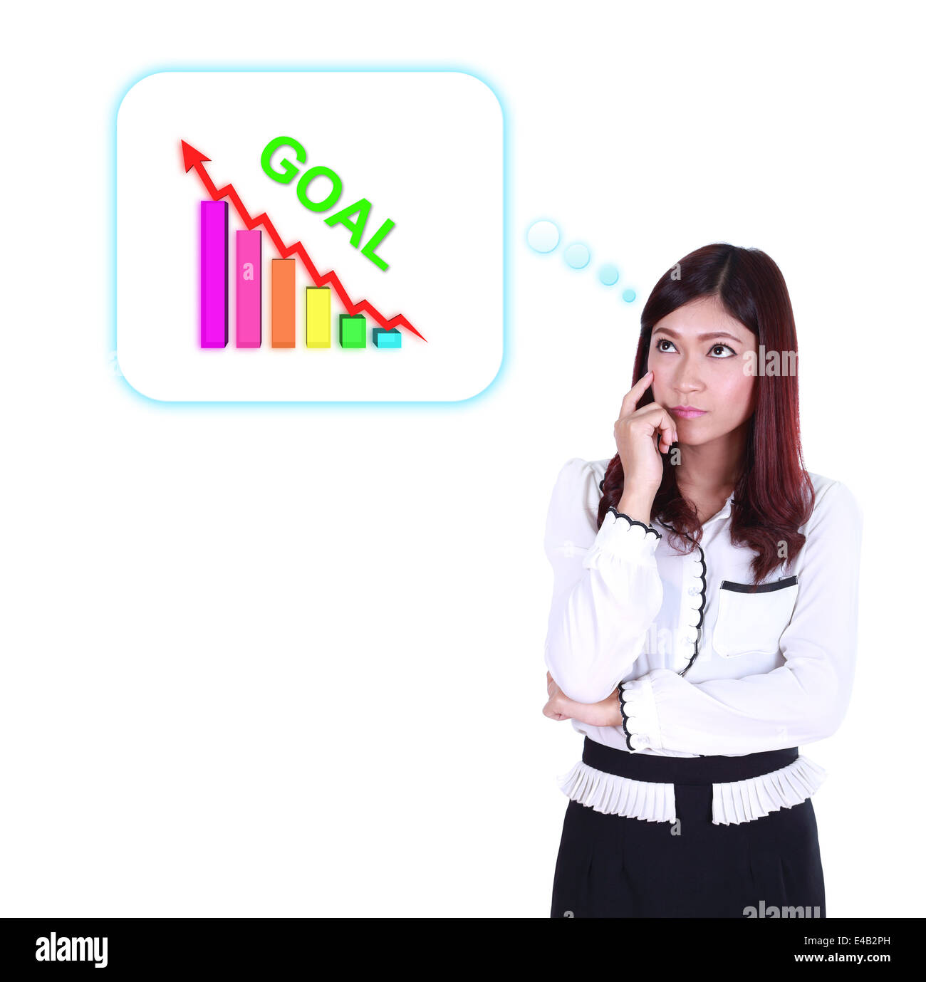 Business donna pensando di obiettivo e grafico isolato su sfondo bianco Foto Stock