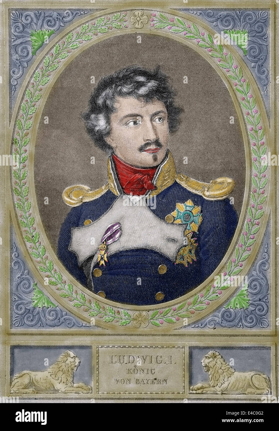 Ludwig I di Baviera (1786-1868). Re di Baviera forma 1825 fino al 1848 giri in stati tedeschi. Incisione. Colorati. Foto Stock