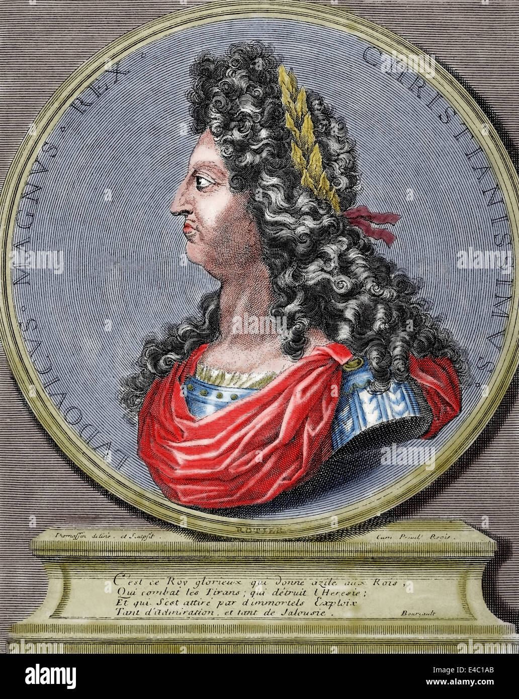 Louis XIV (1638-1715). Re di Francia. Incisione di Simon Thomassin 1652-1732. Historia Universale, 1885. Colorati. Foto Stock