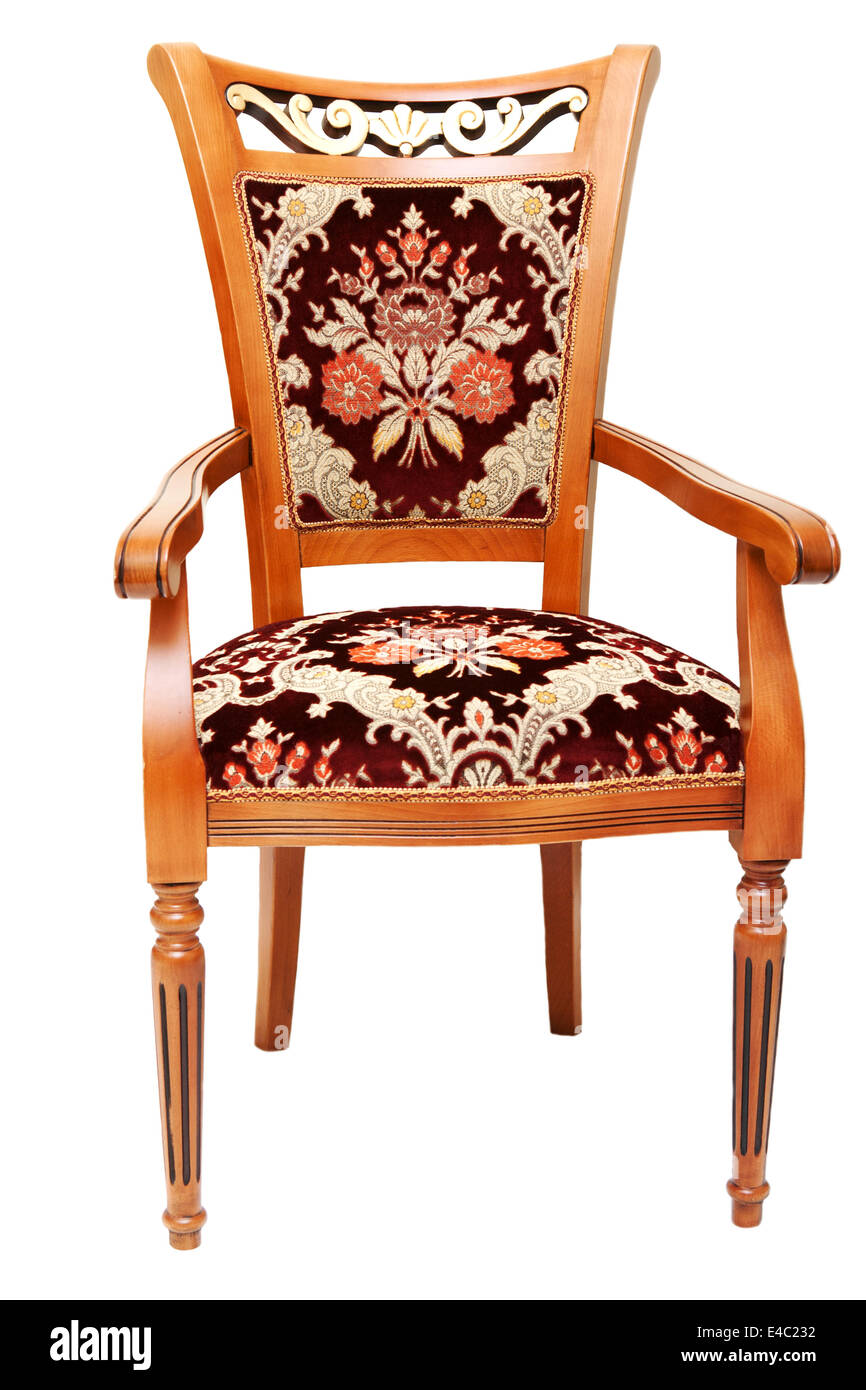 Bella sedia in legno con drappi costosi Foto Stock