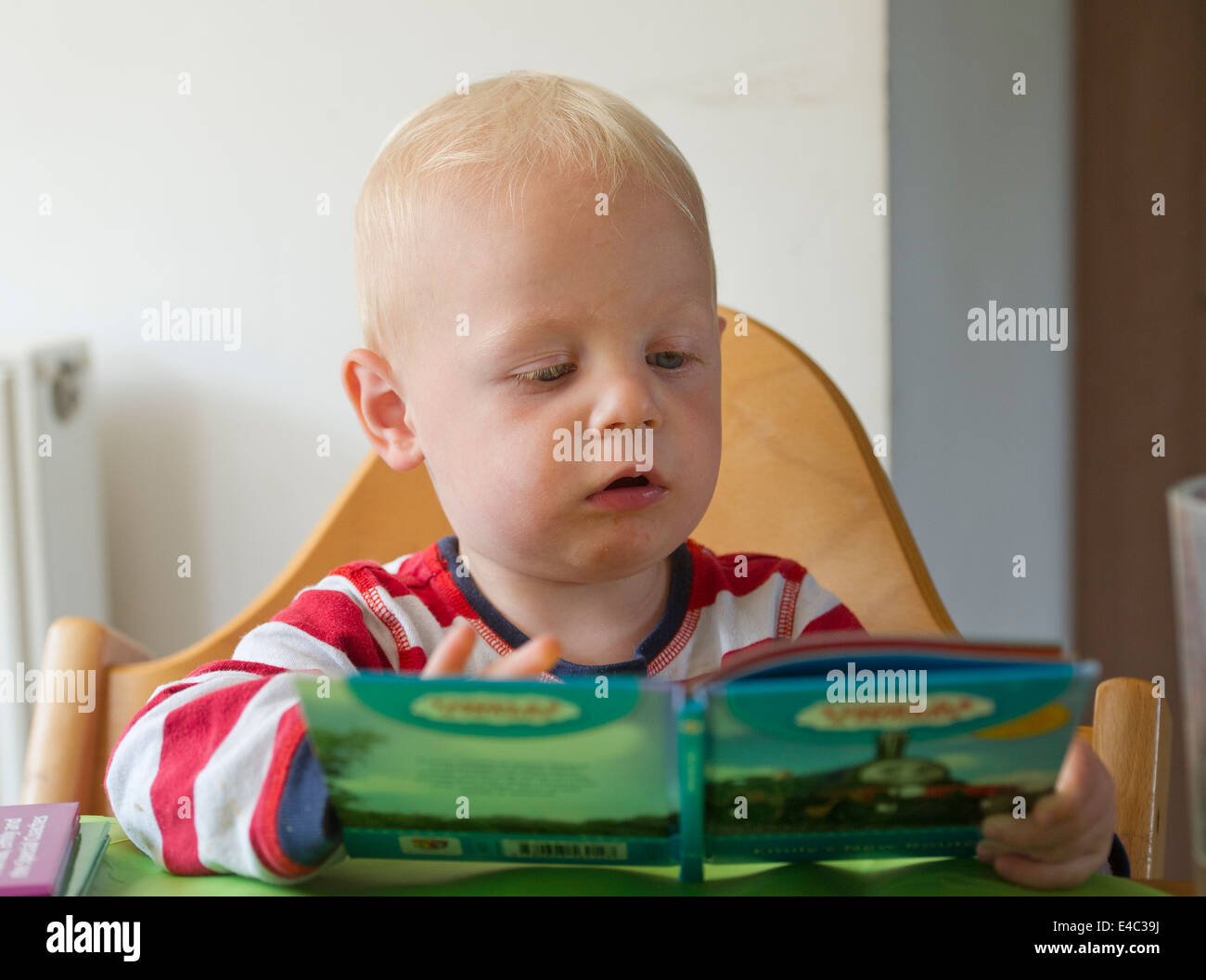 Un giovane ragazzo bambino la lettura di un libro Foto Stock