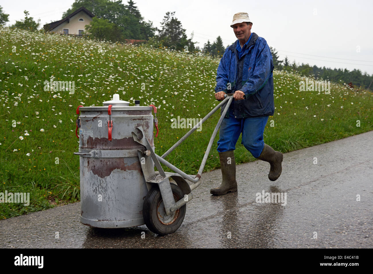 Bavarian industria lattiero-casearia correndo giù per la strada di fattoria con latte che saranno raccolti dalla nave cisterna Foto Stock