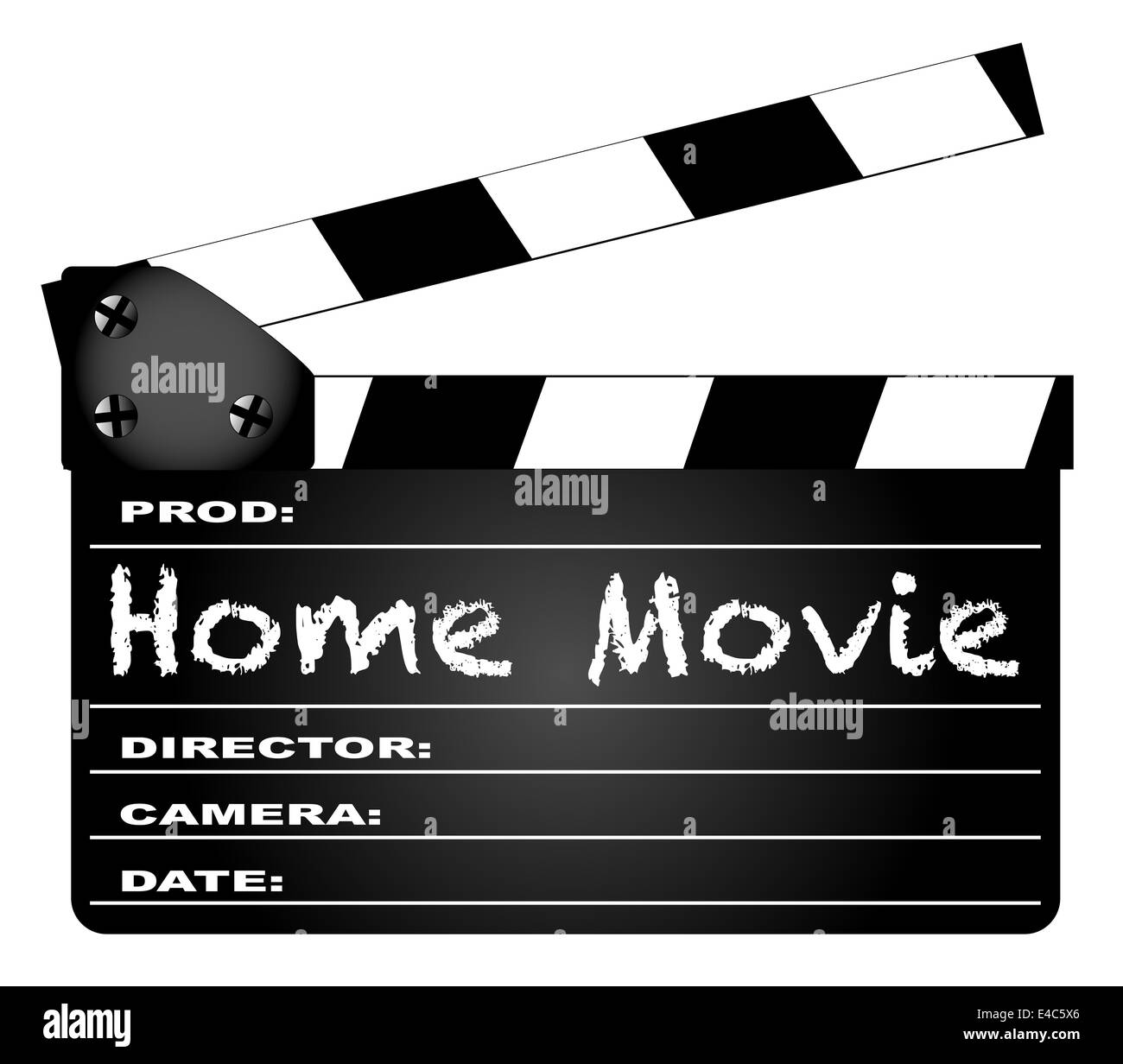 Un tipico film clapperboard con la leggenda HOME film isolato su bianco. Foto Stock