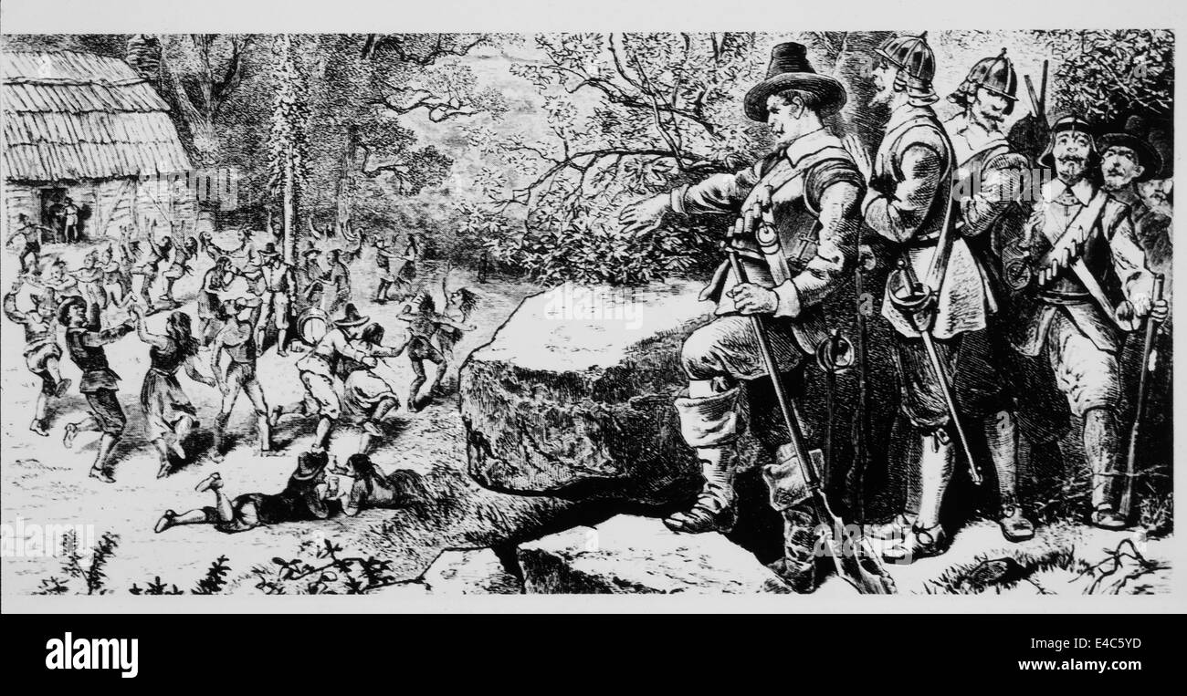 Pellegrini osservando gli anglicani guidata da Thomas Morton ballando intorno un Maypole a Mare Mount (Merrymount) insediamento, 1628 Foto Stock
