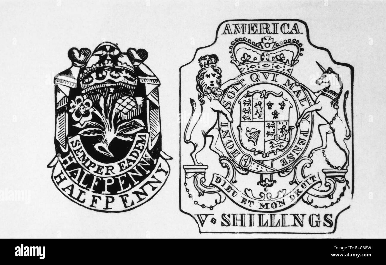 Fascette fiscali per le colonie americane, Timbro Tax Act del 1765, illustrazione Foto Stock