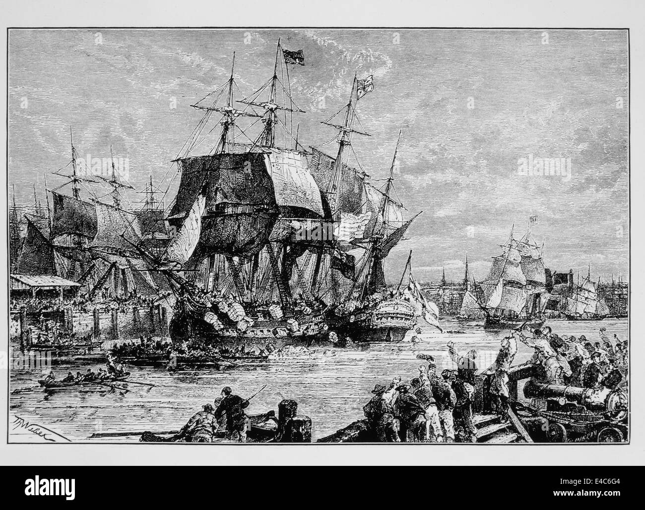 Il Boston Tea Party, 1773, illustrazione Foto Stock