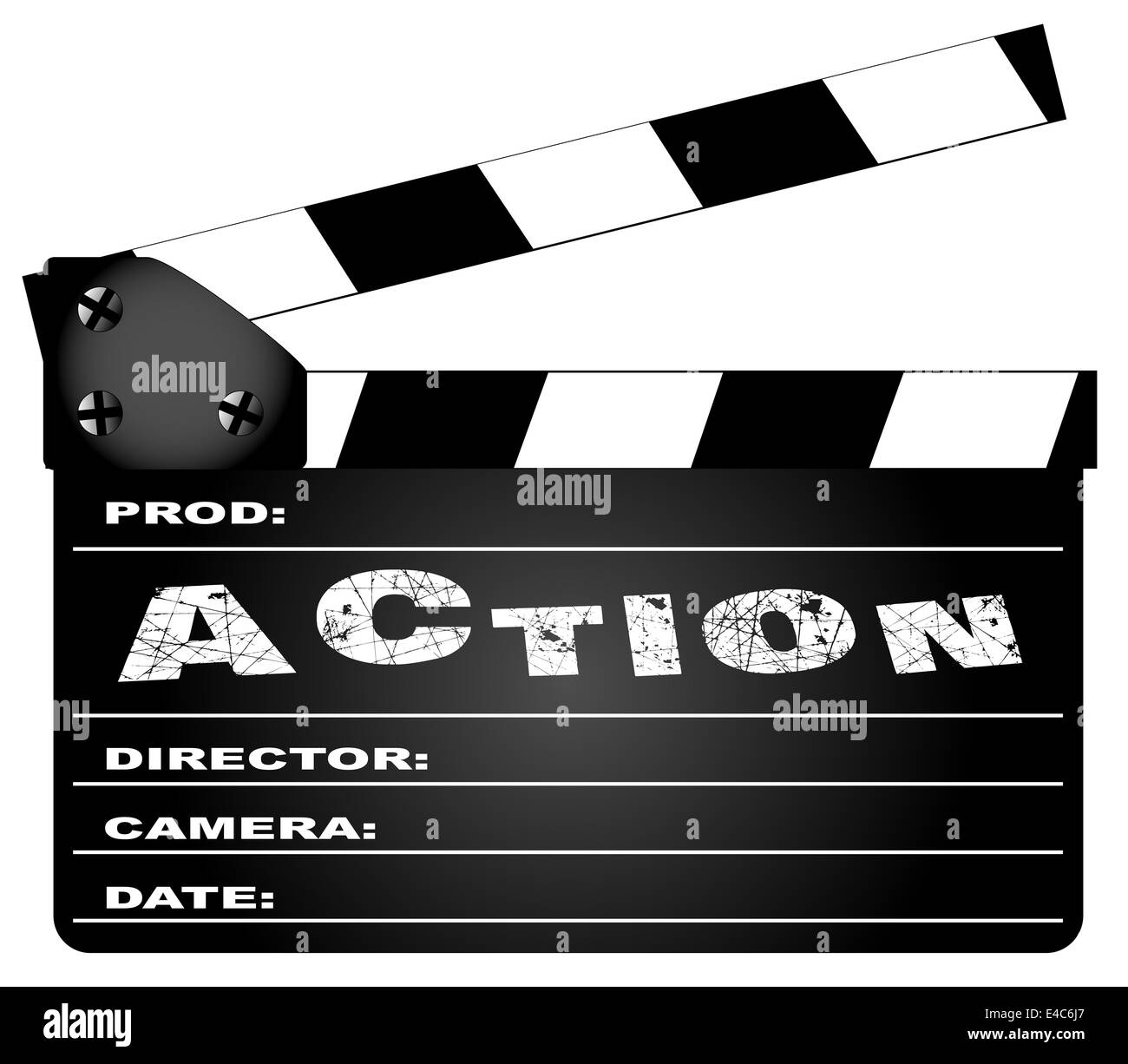 Un tipico film clapperboard con la legenda azione isolata su bianco. Foto Stock