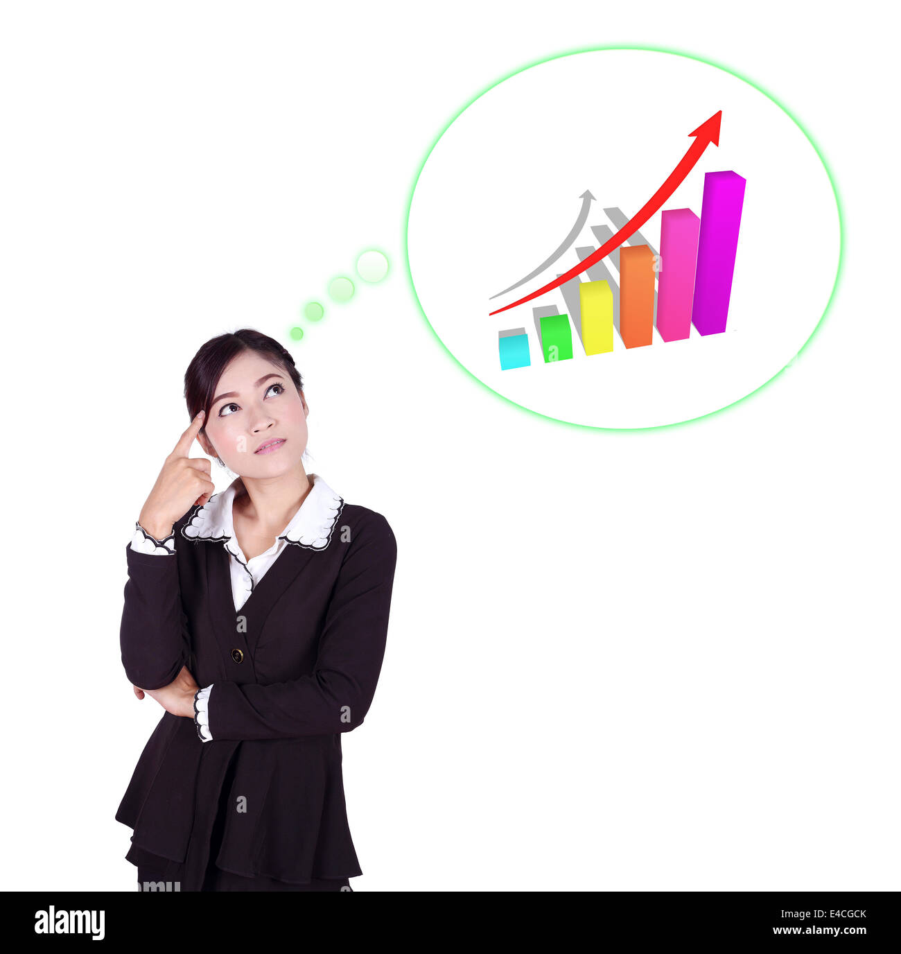 Business donna pensando di obiettivo e grafico isolato su sfondo bianco Foto Stock