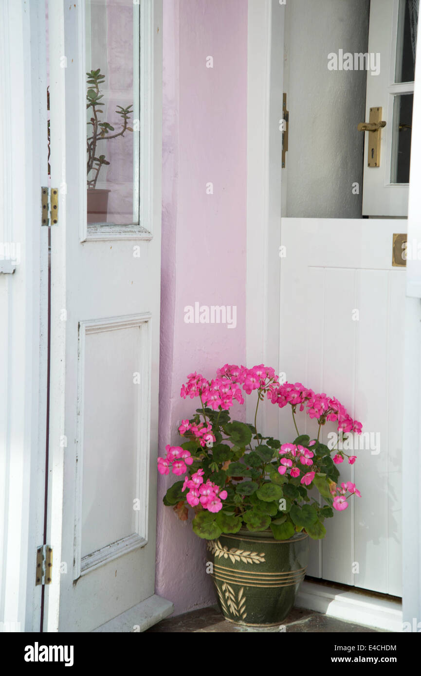 La Cornovaglia. Penisola di Roseland. St Mawes . Casa portico con gerani rosa Foto Stock