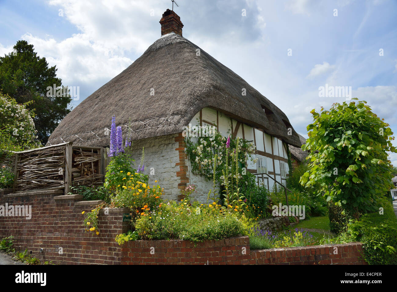 Con il tetto di paglia in bianco e nero cottage di campagna nel villaggio di Selborne, Hampshire, Inghilterra, Regno Unito Foto Stock