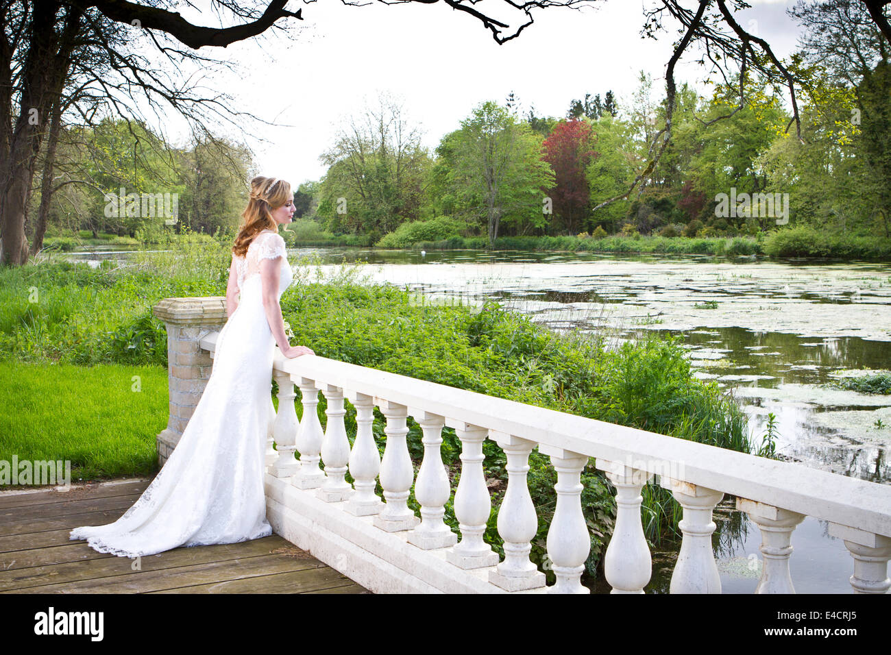Preparazioni di nozze, sposa in abito da sposa nel parco, Dorset, Inghilterra Foto Stock